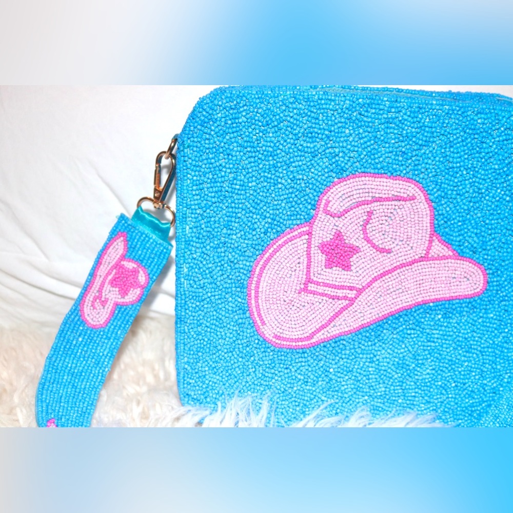 NEW BOUTIQUE HANDMADE BEADED CROSSBODY BAG PREPPY, BLUE COWBOY HAT, STAR DESIGN
